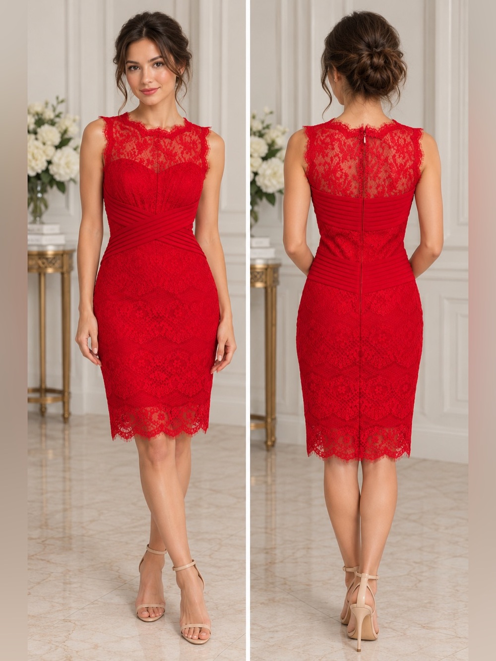 Tadashi Shoji Red Lace Ruched Criss Cross Sheath Dress HOCO Cocktail 0 NWOT